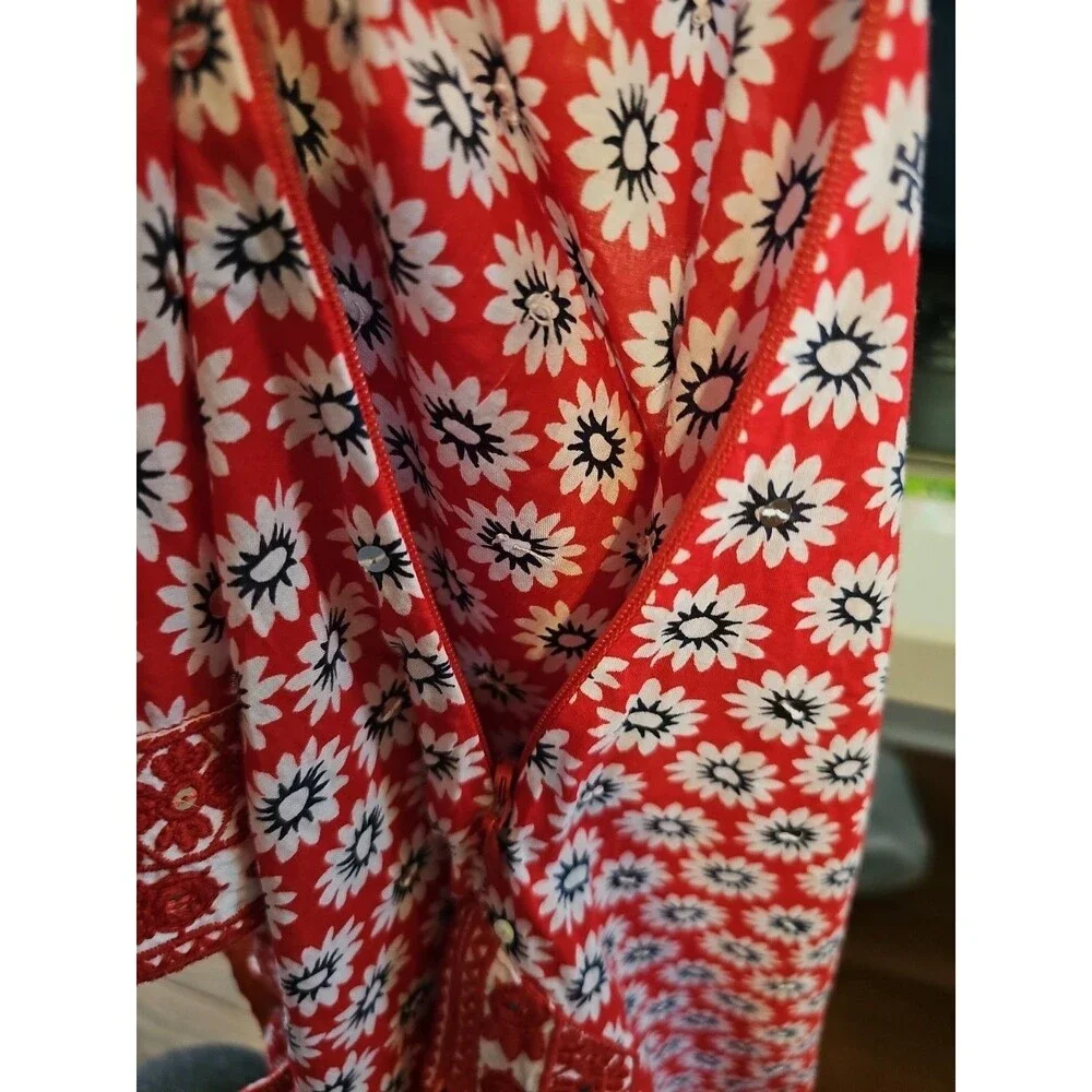 Tory Burch Jayne Nantucket Red Daisy Floral Embroidered Cotton Tunic Womens Sz 2